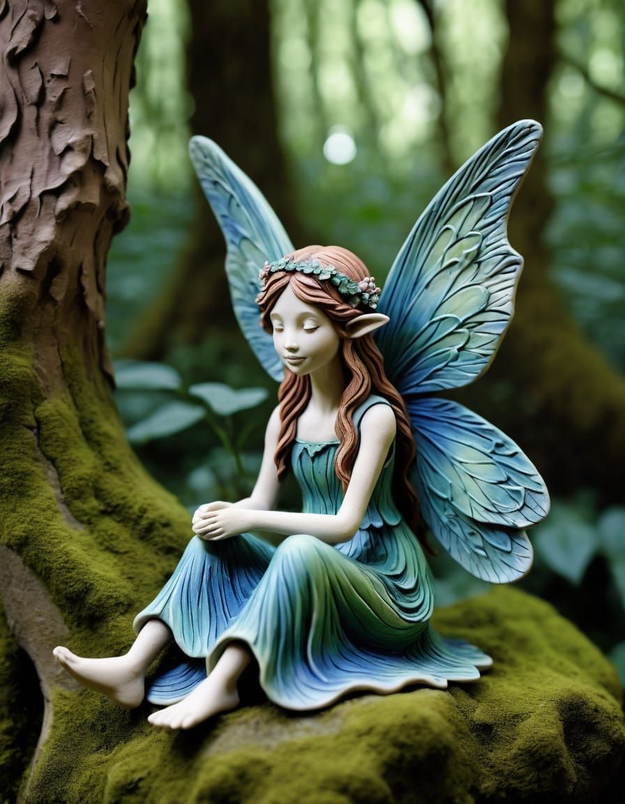 Clay Sculpture of a Beautiful Fairy in Forest