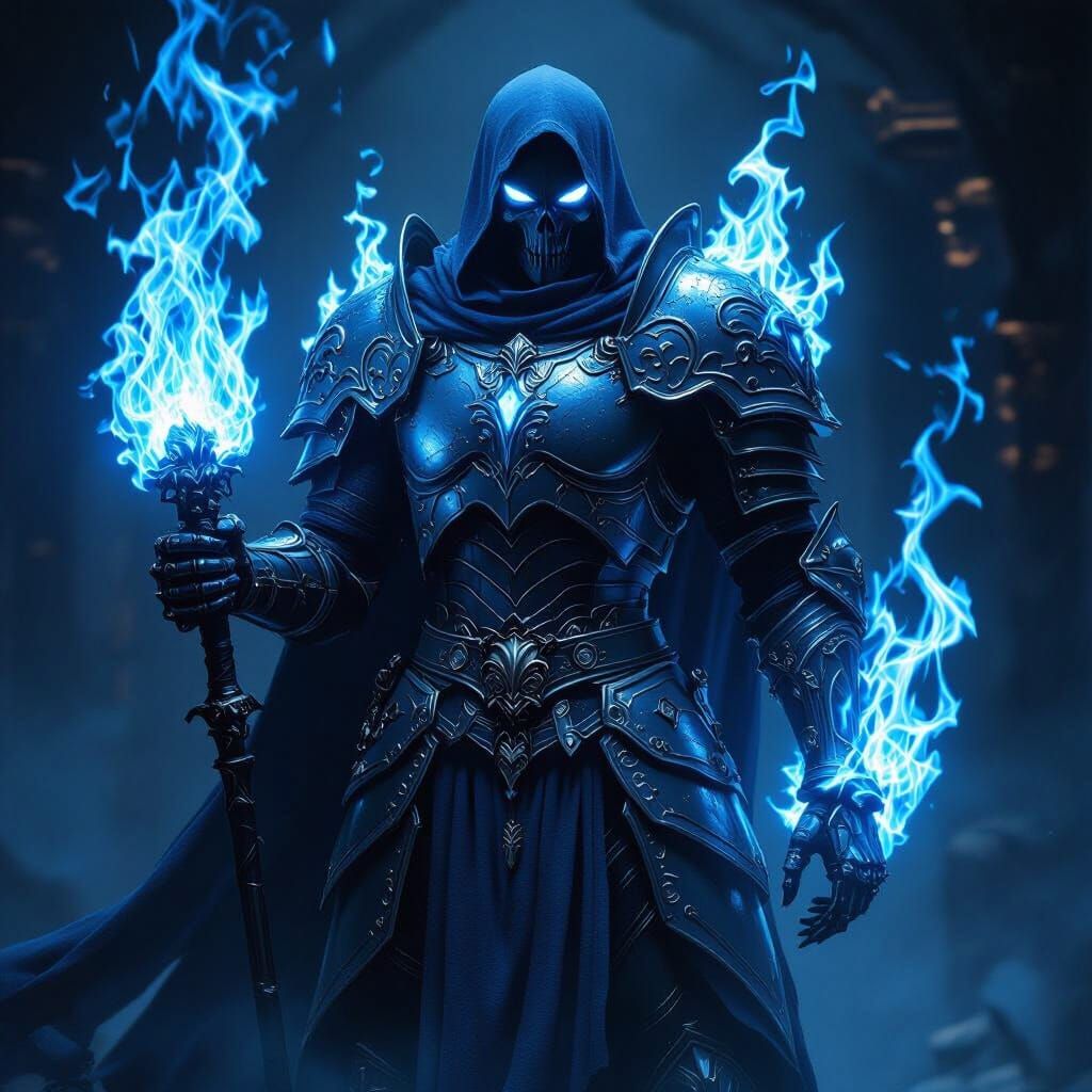 Undead Knight Wielding Blue Fire in Dark Fantasy Style