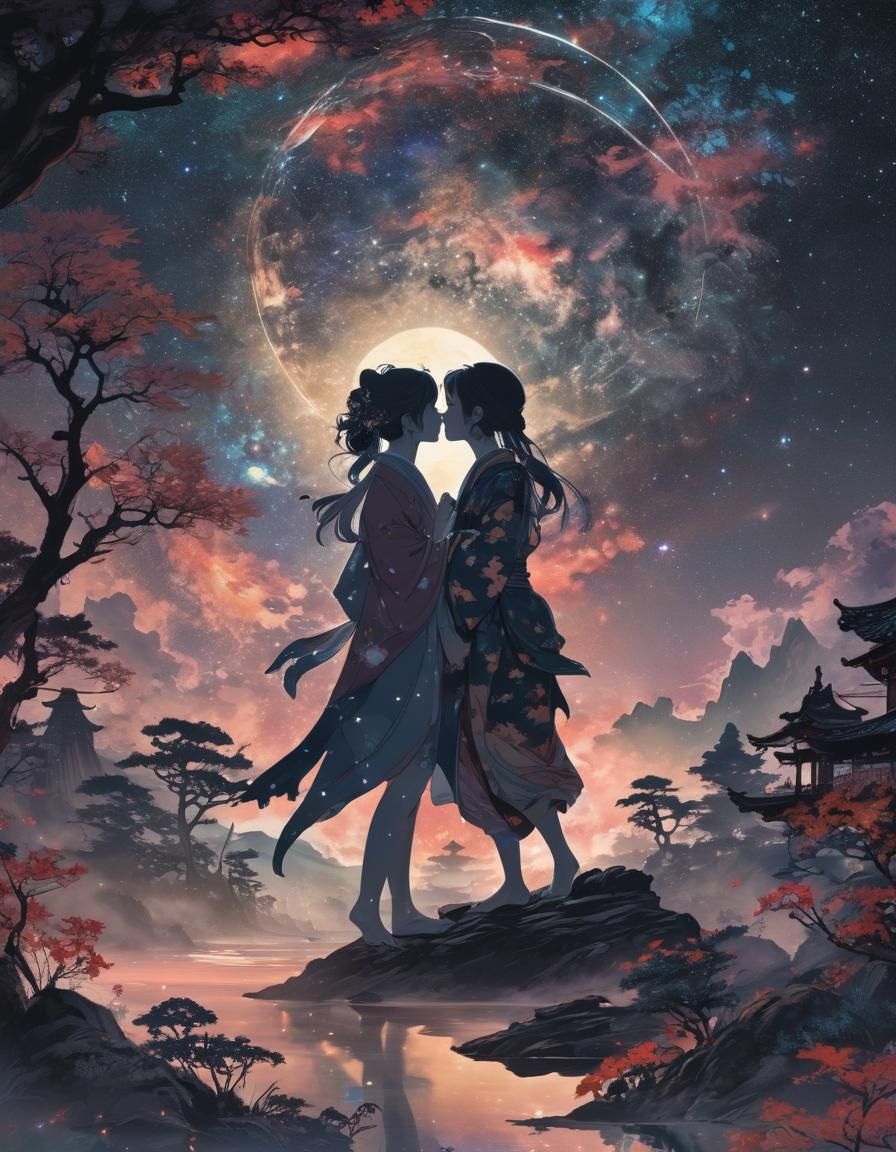 Ethereal Cosmic Anime Goddesses Dancing Under the Stargate