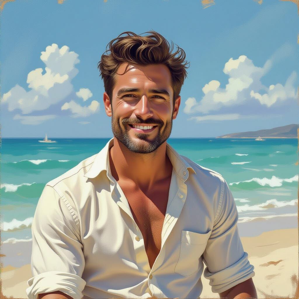 Smiling Man at the Beach in Impressionist Style