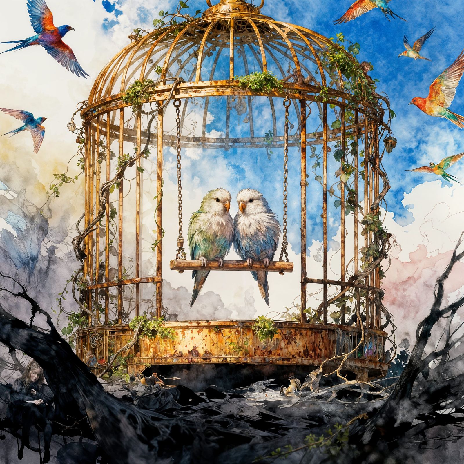 Lovebirds Isolated in Cage vs Free Birds Outside