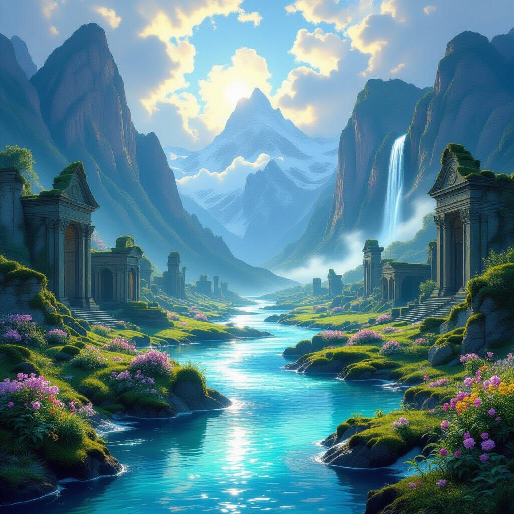 Enchanted River Valley with Ancient Ruins and Mountains