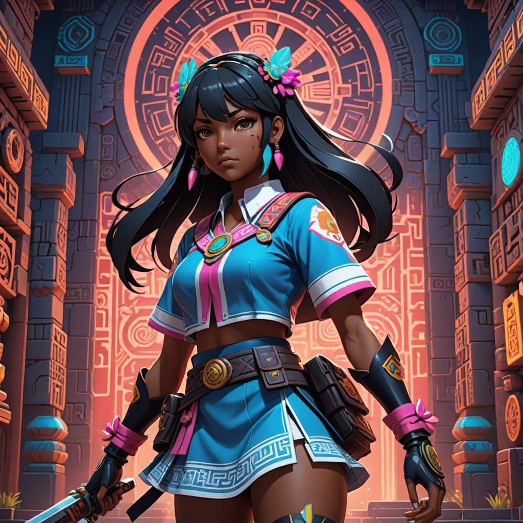 Dark-Skinned Aztec Warrior Girl in Futuristic School Uniform