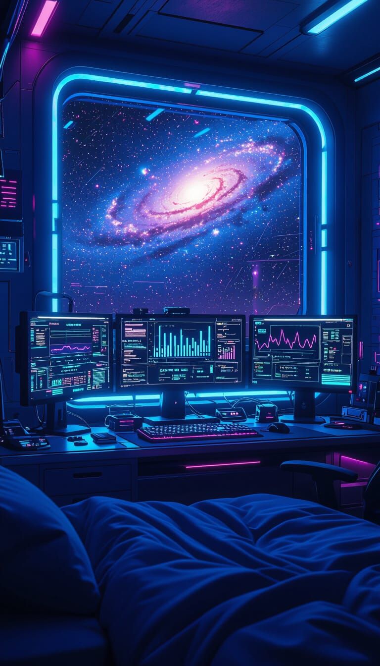 Cyberpunk Bedroom with Galaxy View and Sci-Fi Tech