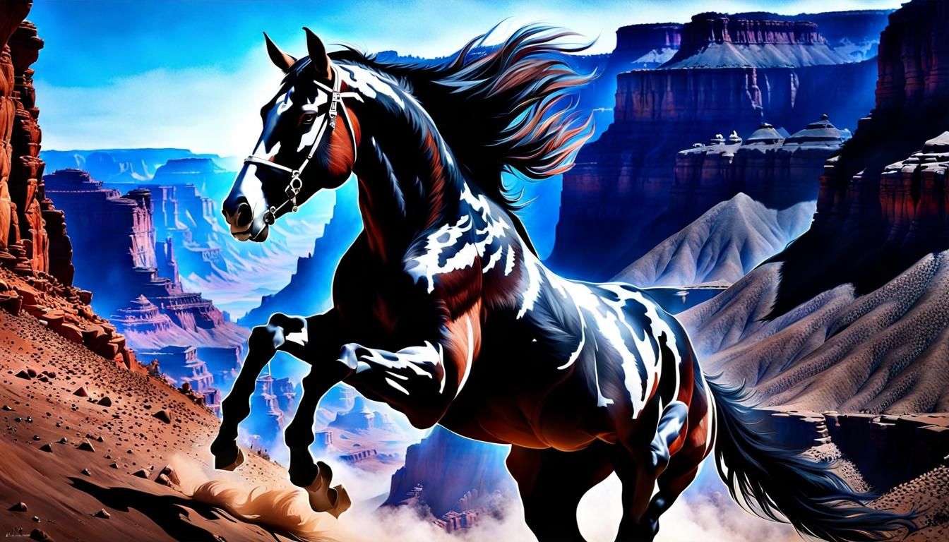 Majestic Stallion Galloping Through Dusty Canyon in Aetherpu...