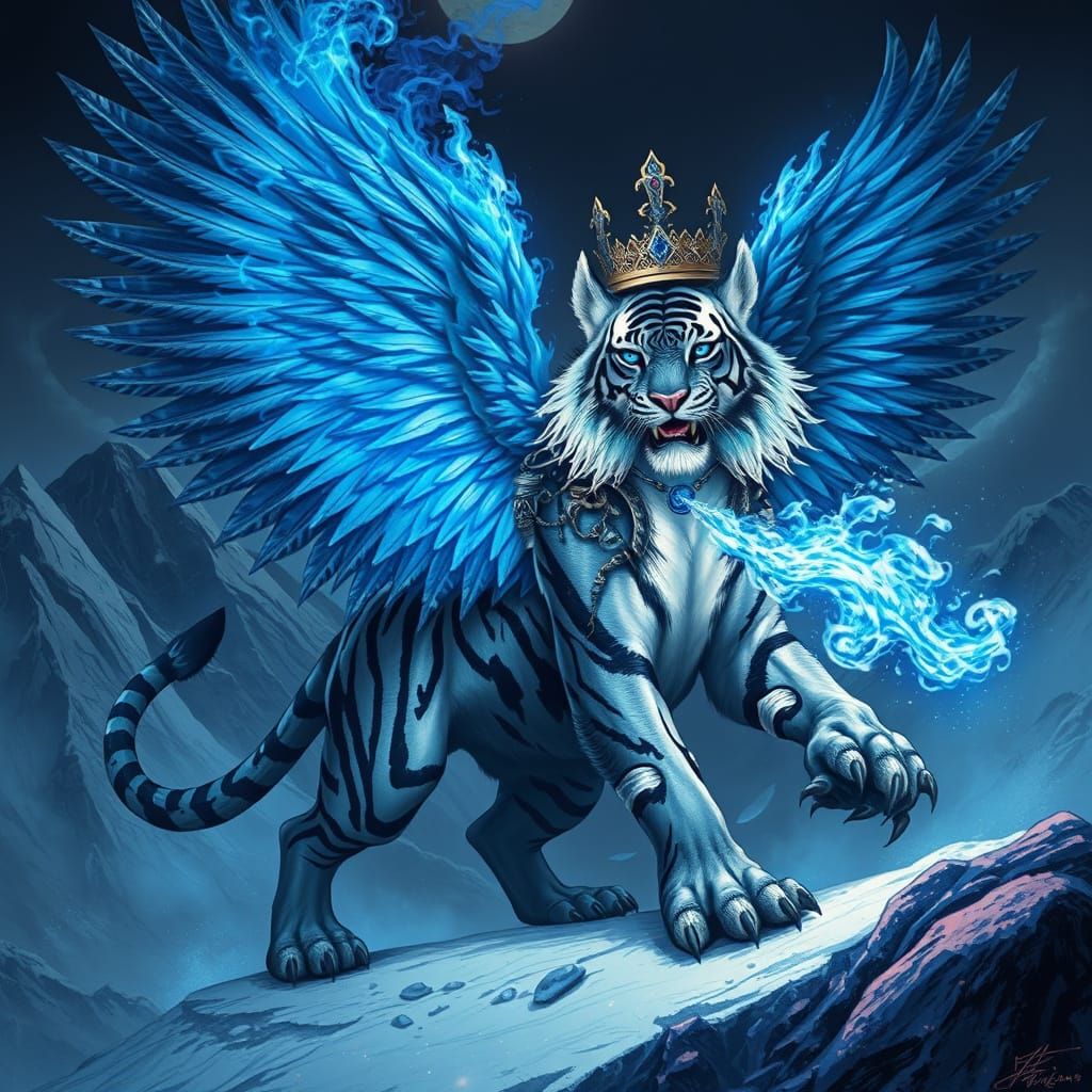 Winged Black and White Tiger with Blue Fire