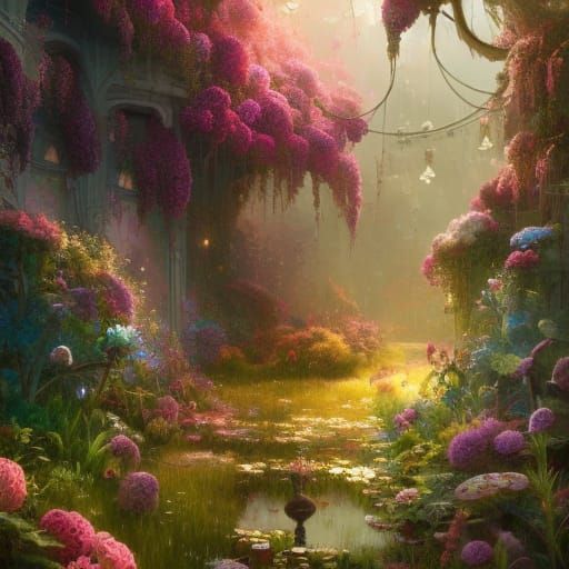 Beautiful Courtyard Waterfall Garden in Hyperdetailed Fantas...