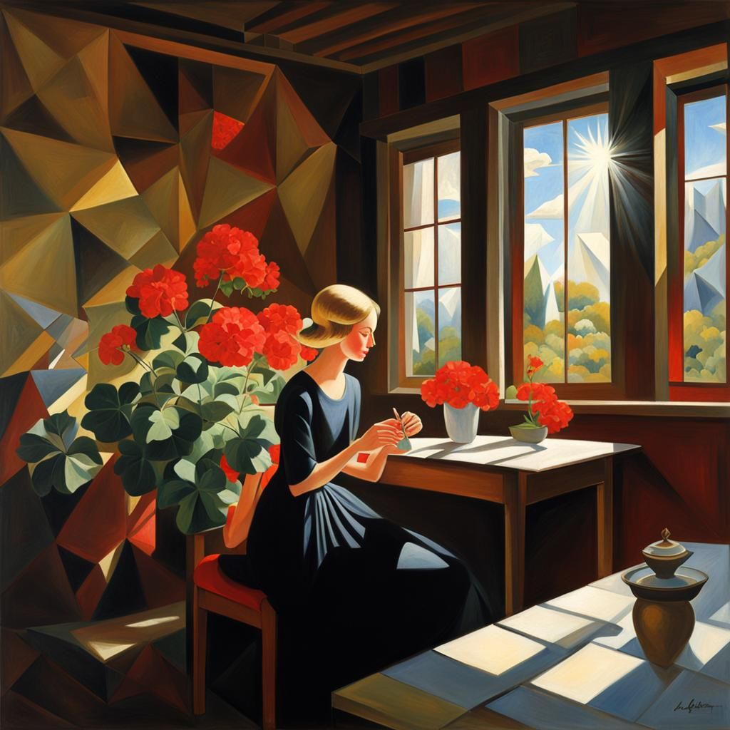 Blonde Teenager with Red Geraniums in Cubist Style