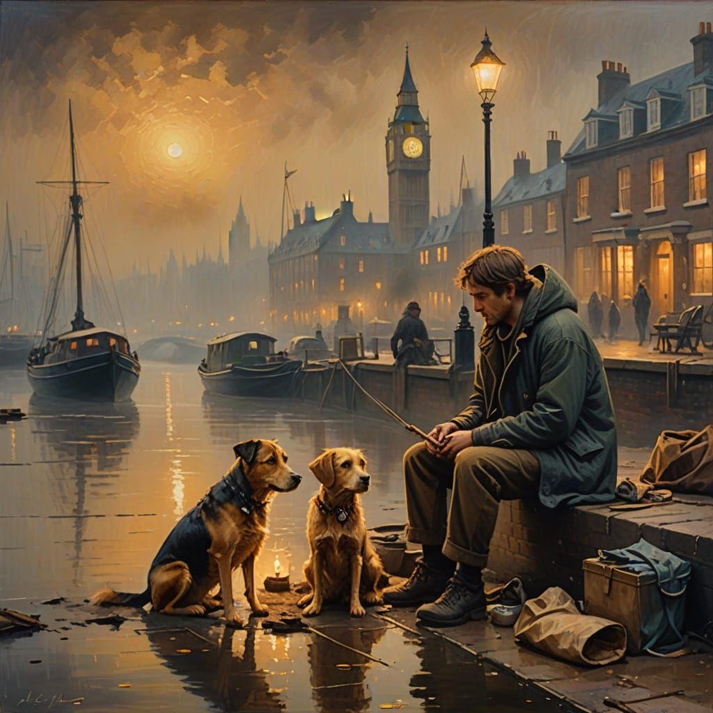 Homeless Boy and Dog on London Waterfront at Night