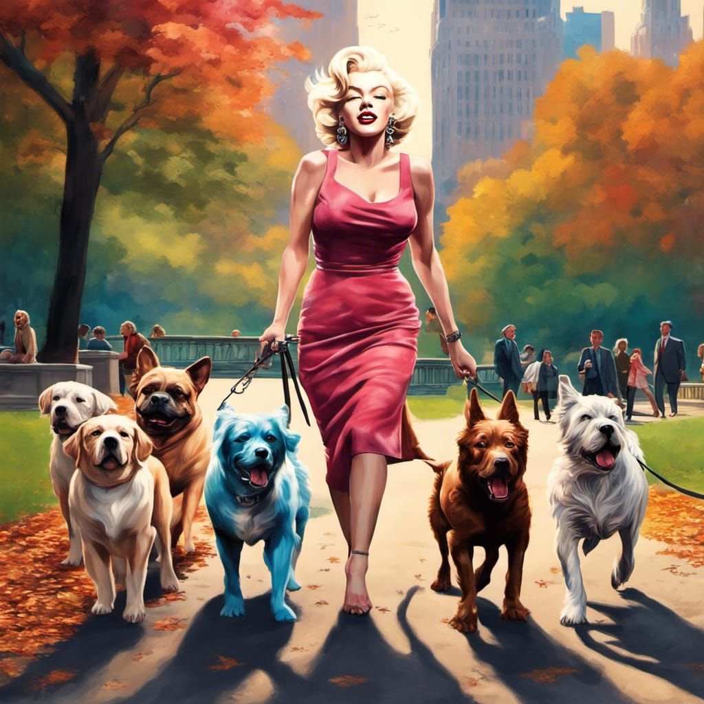 Marilyn Monroe Walks Dogs: Hyperrealistic Splash Art