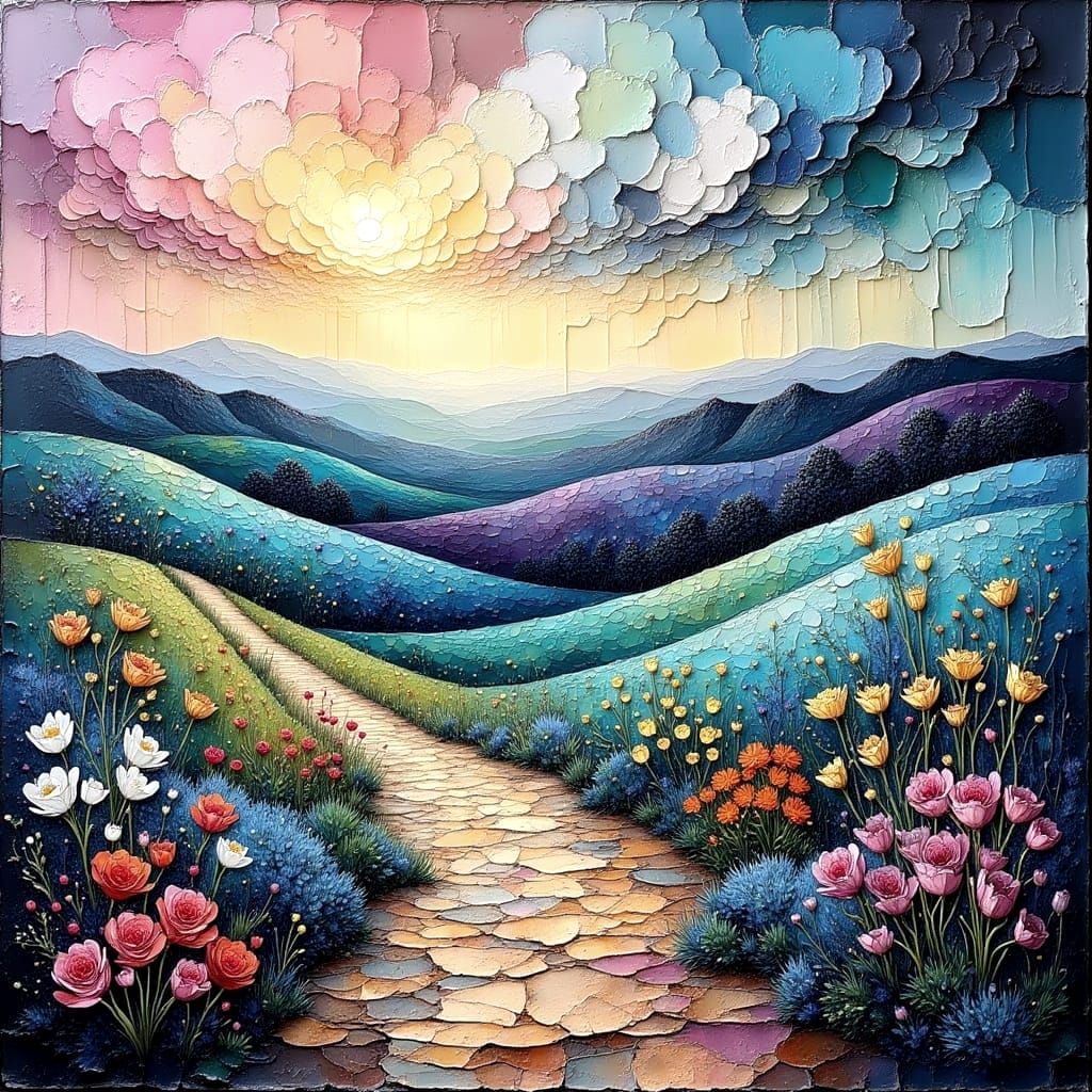 Textured Landscape with Rain and Light, Impasto Painting