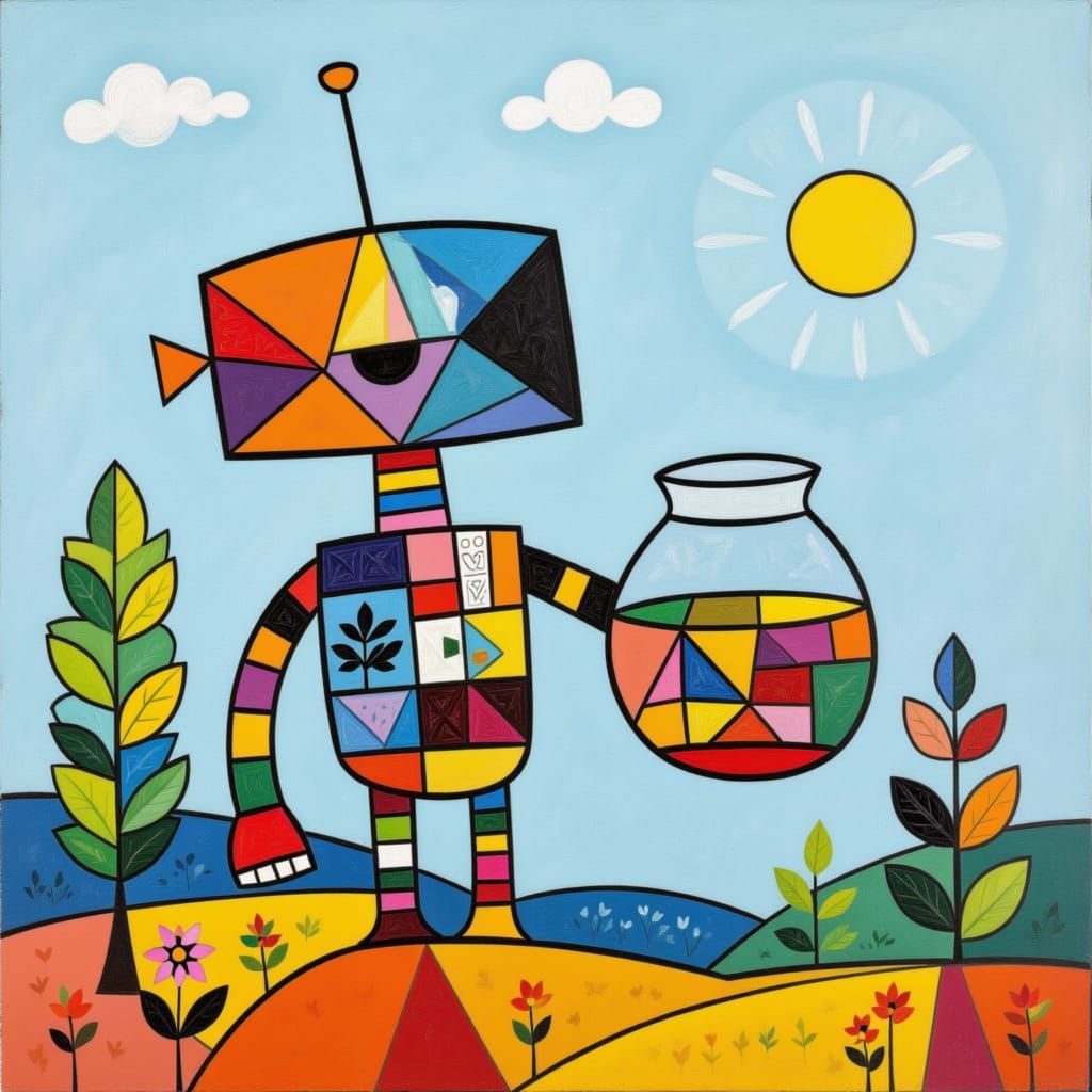 Cute Robot Holding a Fishbowl