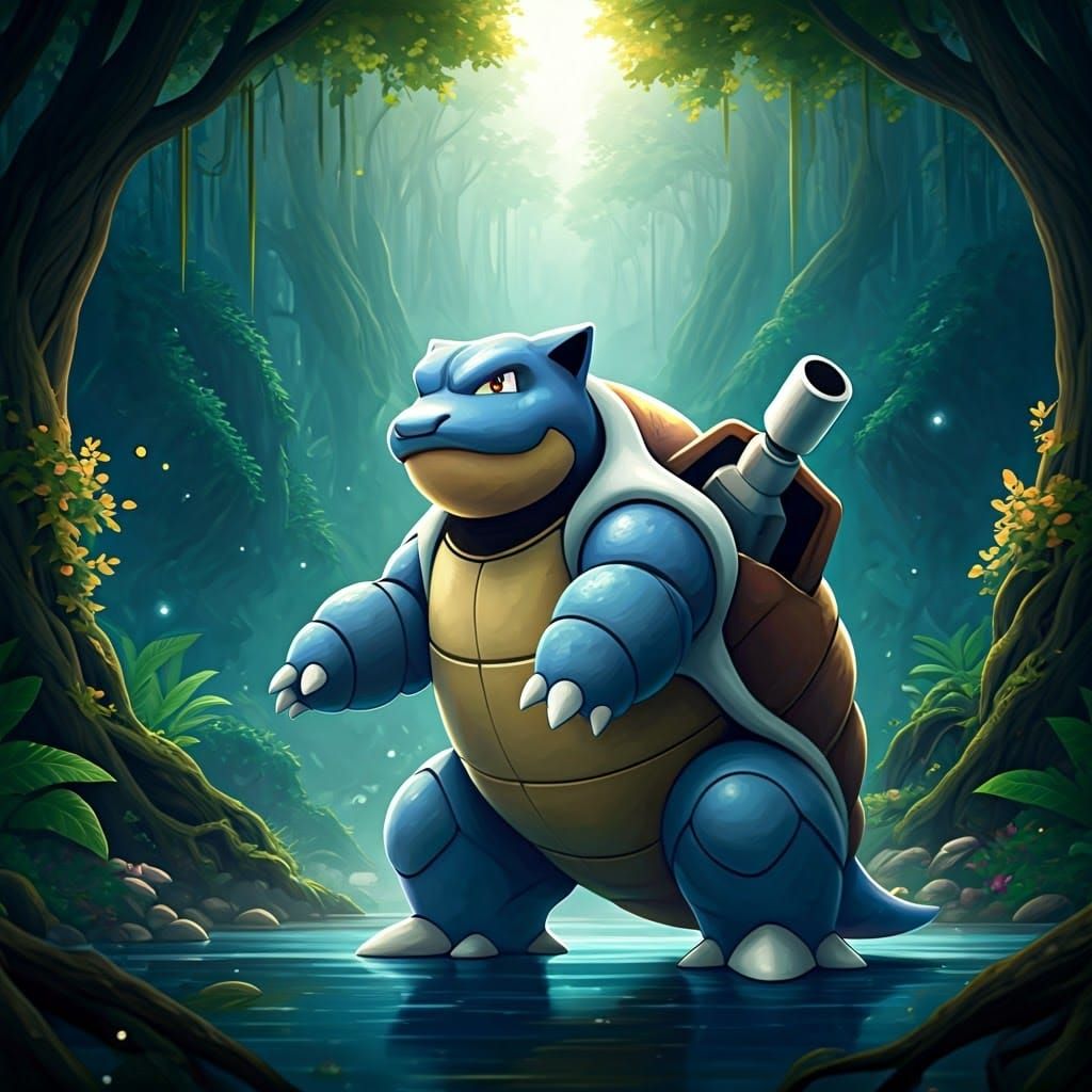 Heroic Blastoise in Mystical Forest, Digital Matte Painting