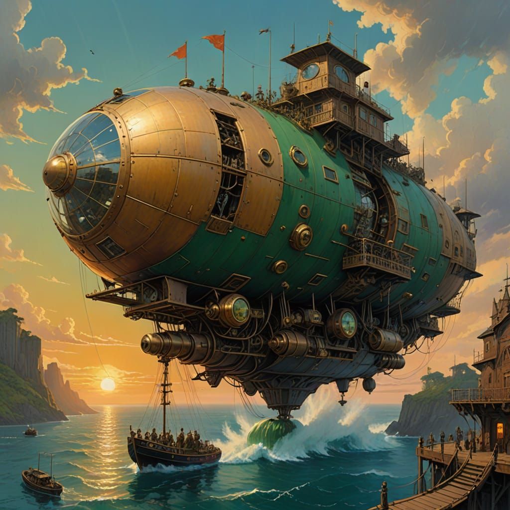 Ethereal Steampunk Airship Rides the Sunrise Skies