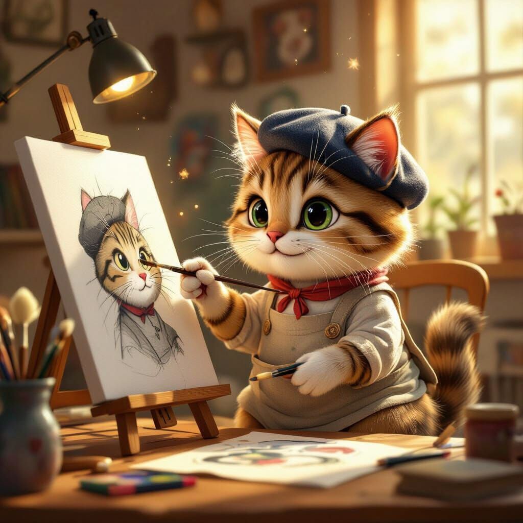 Friendly Cat Artist Sketches Portrait in Cozy Studio