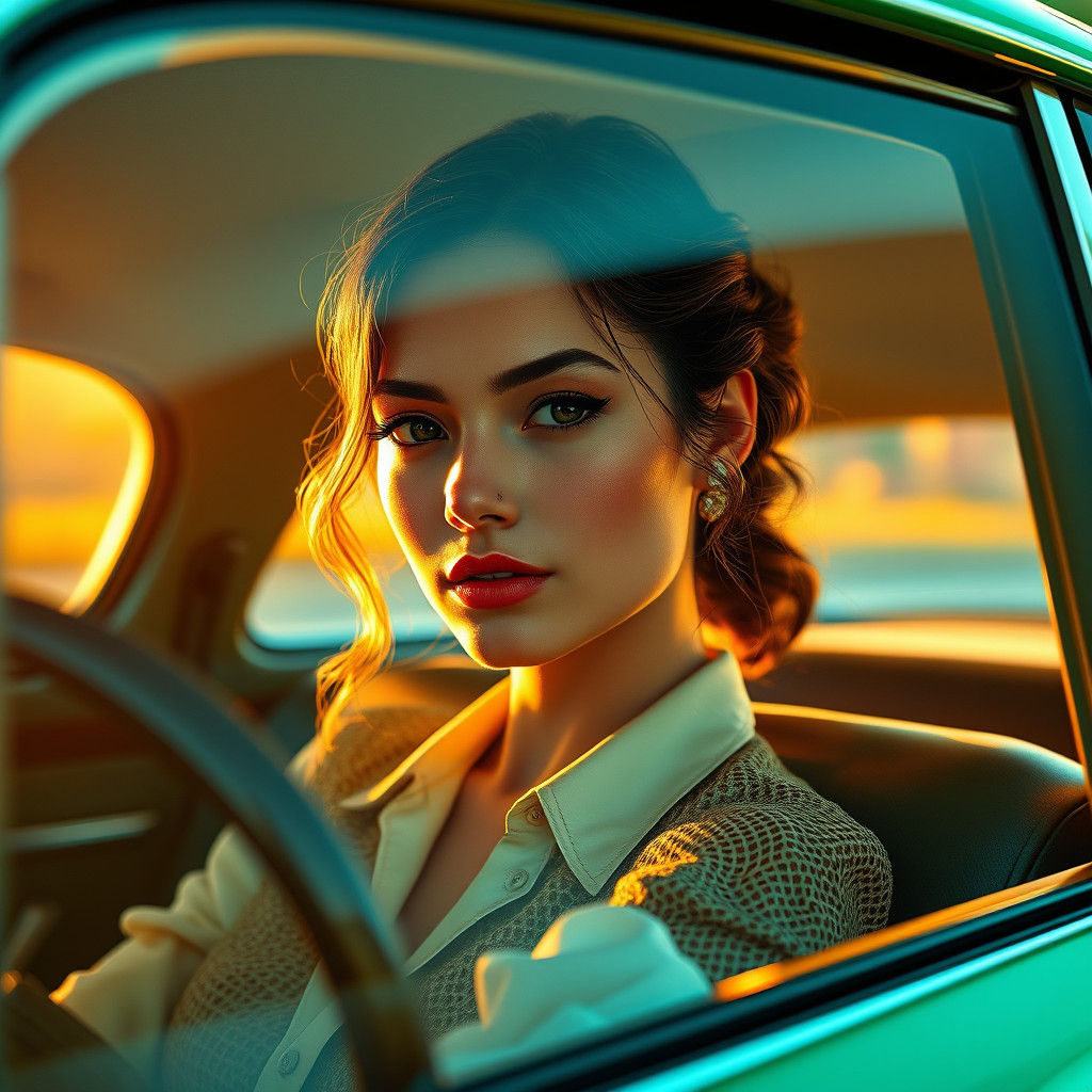 Retro Woman in Green Sedan: Art Nouveau Portrait