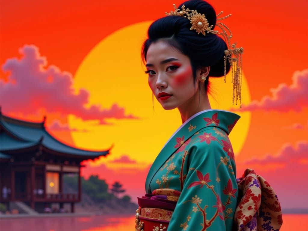 Geisha Retirement Ceremony at Sunset in Vibrant Neon