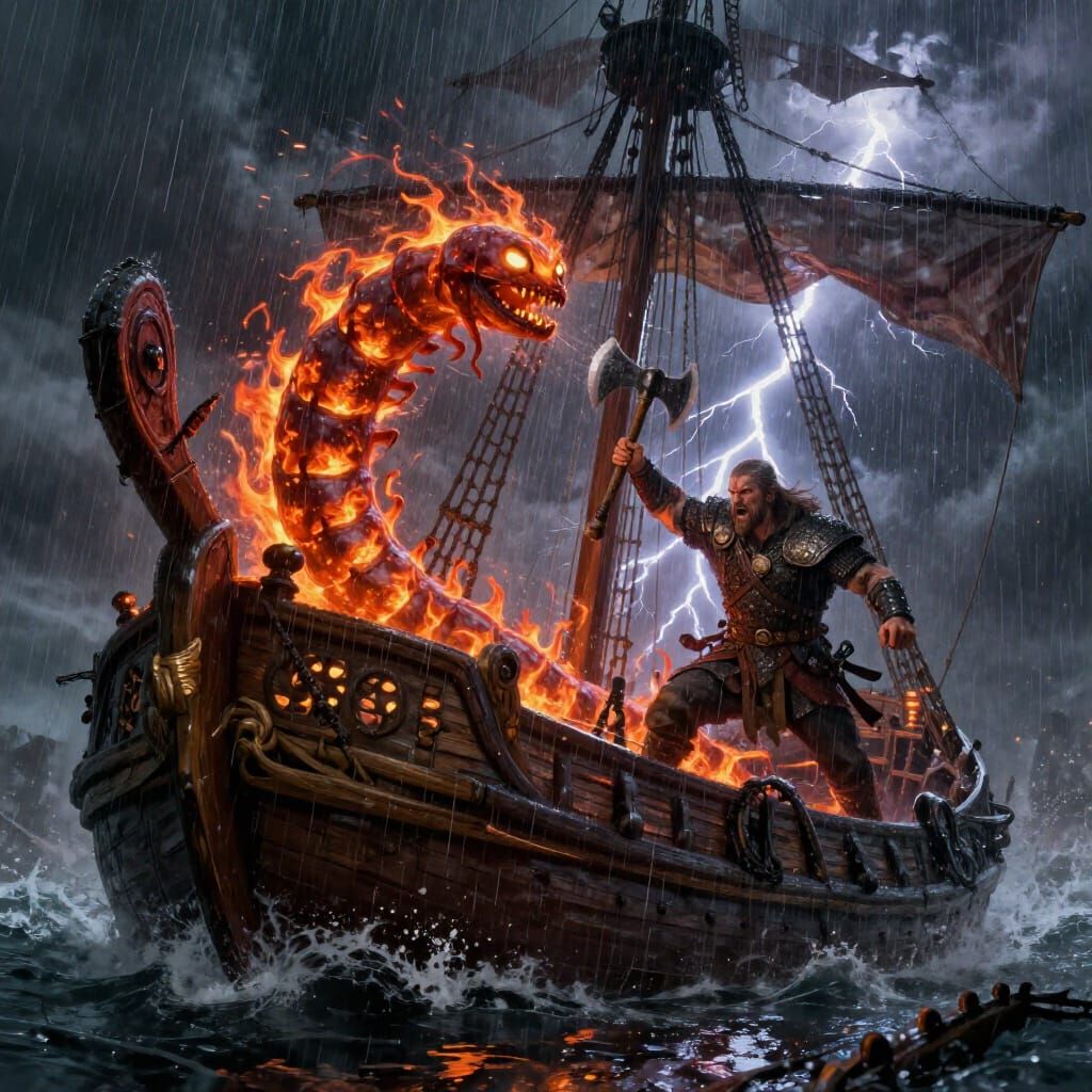 Viking Battles Fire Worm on Sinking Ship in Storm