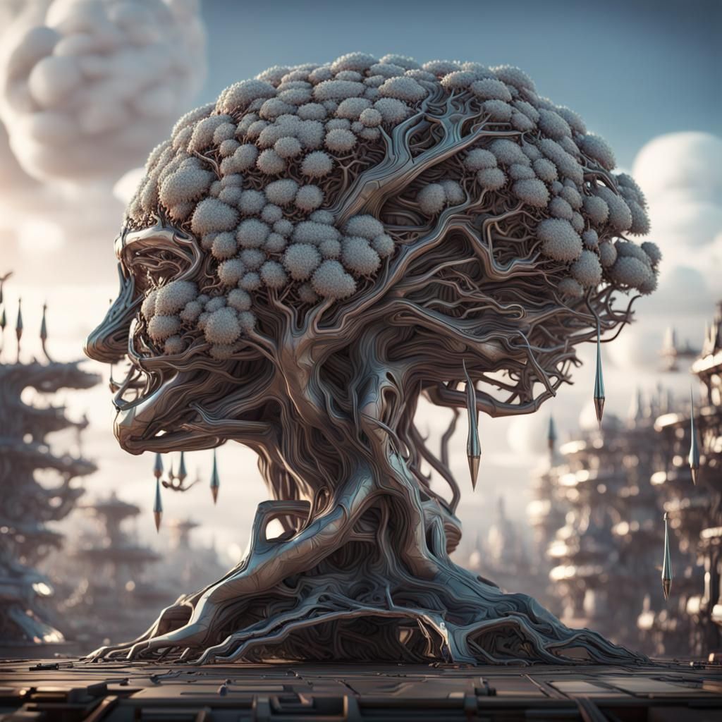 Whimsical Tree of Brain with Flowing Thoughts