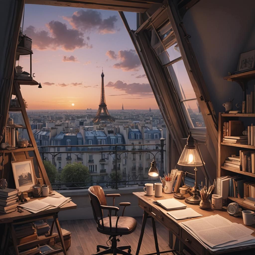 Romantic Twilight Vista of Paris Illustration