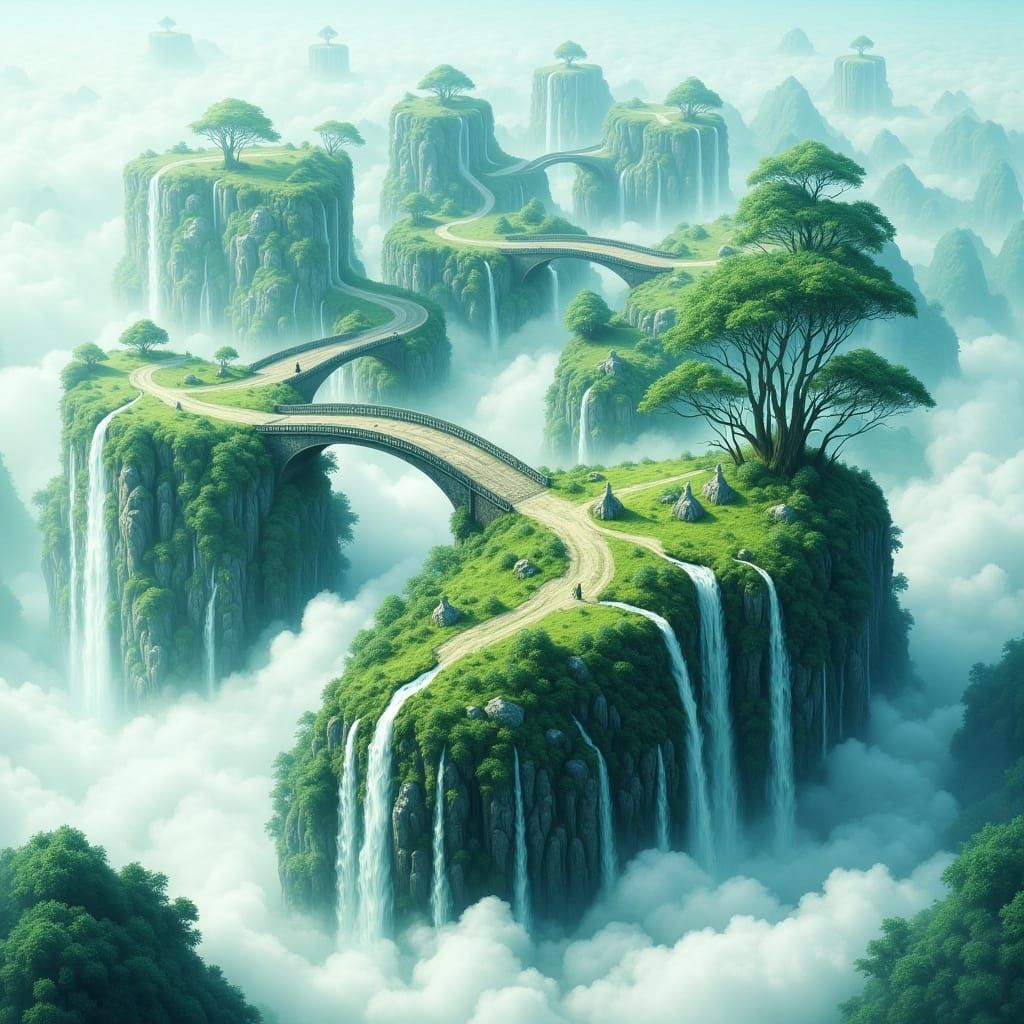 Floating Islands in Mist with Stone Bridges