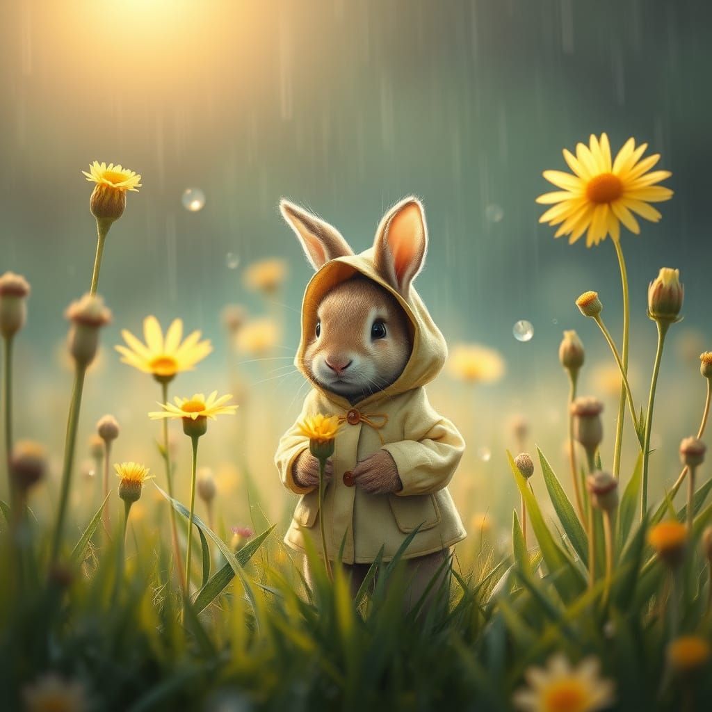 Whimsical Bunny in a Rainy Meadow Scene