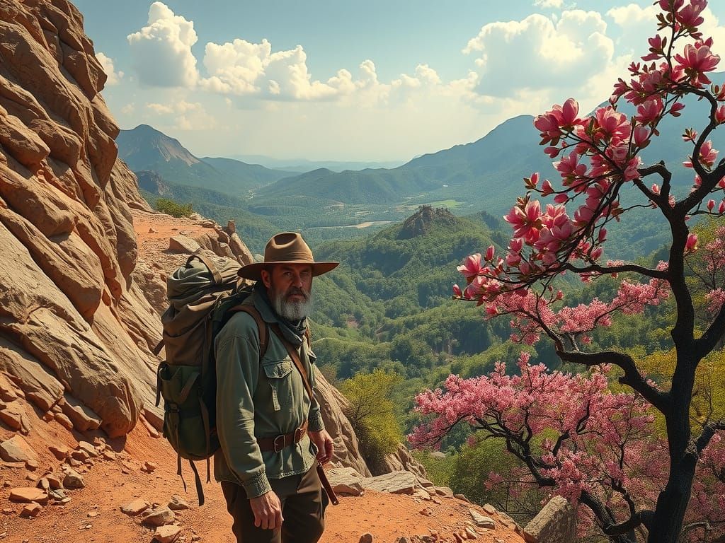 Bearded Wanderer Discovers Enchanted Landscape