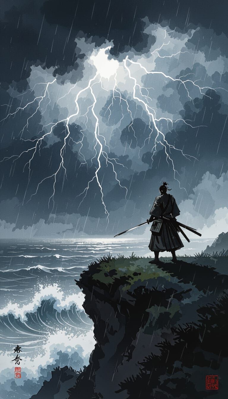 Samurai Warrior on Cliff in Stormy Seas, Ink Wash Style