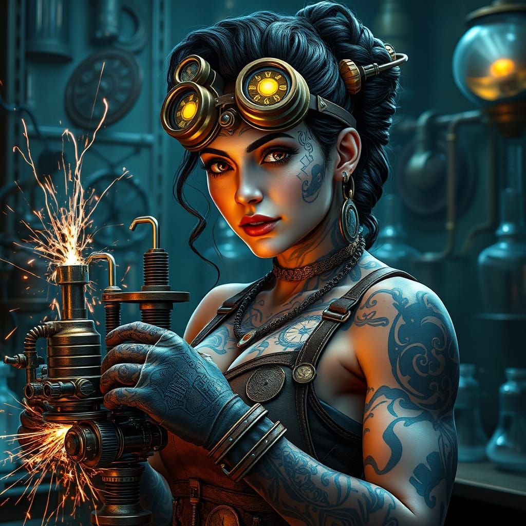 Steampunk Inventor in her Laboratory, Hyperrealistic Portrai...