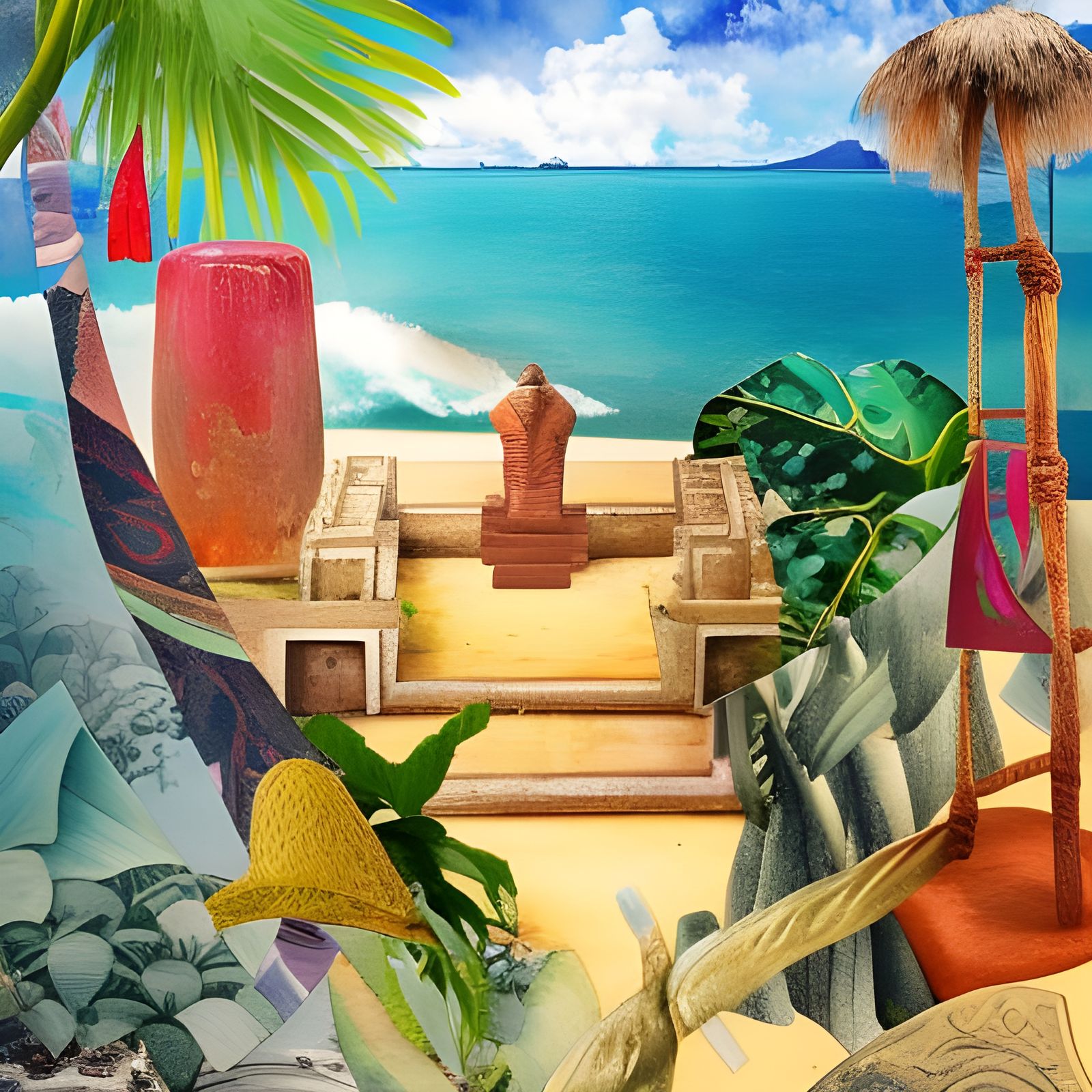 Tropical Island with Hidden Temple: Impressionist Mixed Medi...