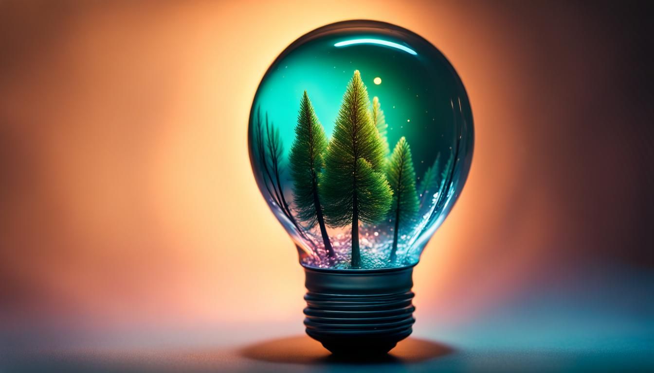 Illuminated Forest in Glass Bulb: Hyperrealistic Art