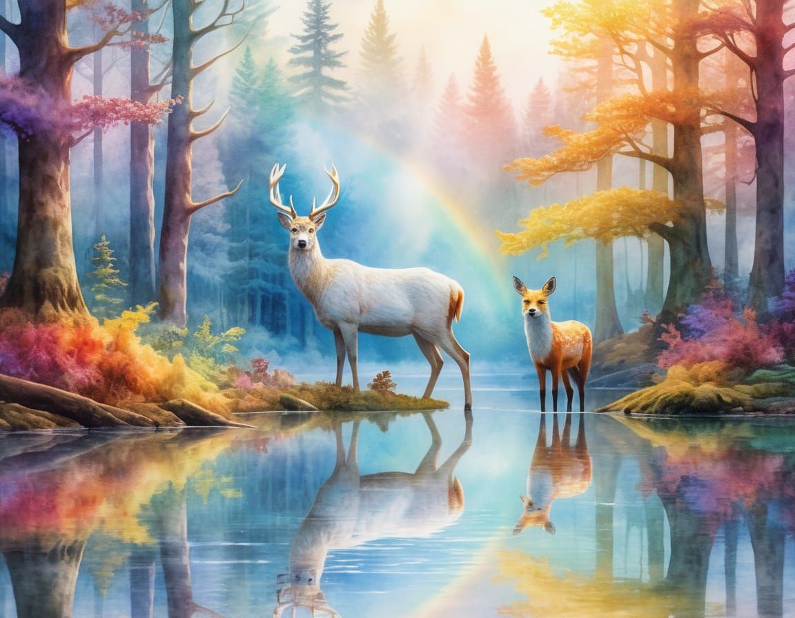 Rainbow Woods: Deer and Fox in Watercolor Style
