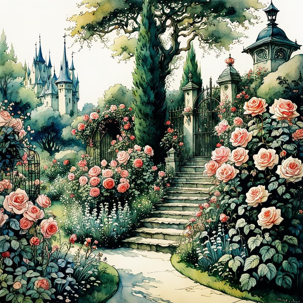Fairytale Rose Garden in Watercolor Style