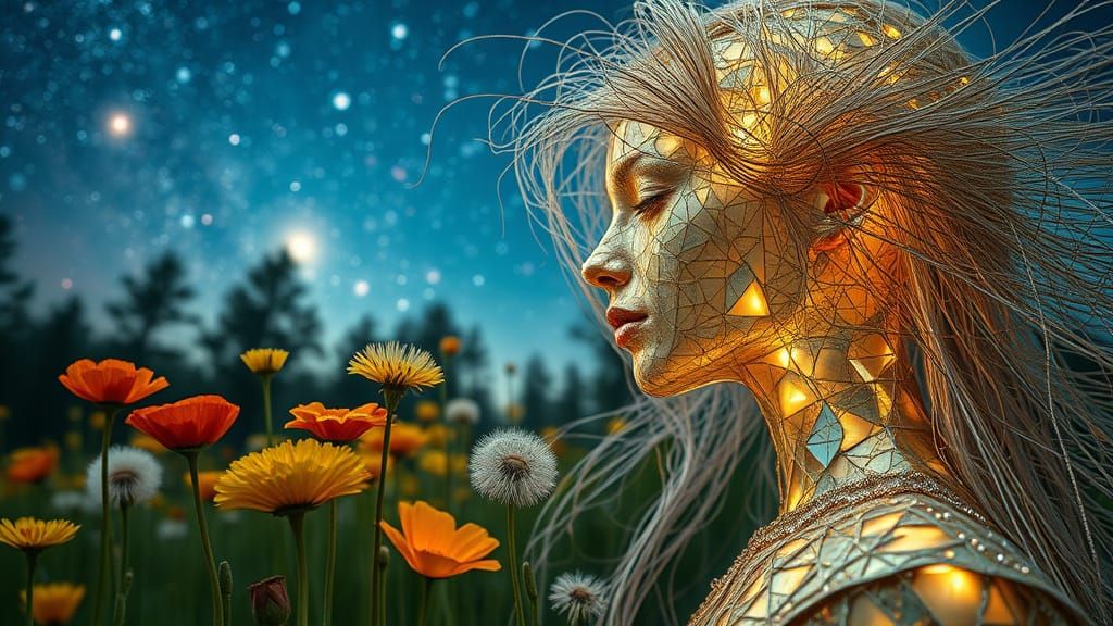 Ethereal String Woman Kissing Garden: Bio-Art Portrait