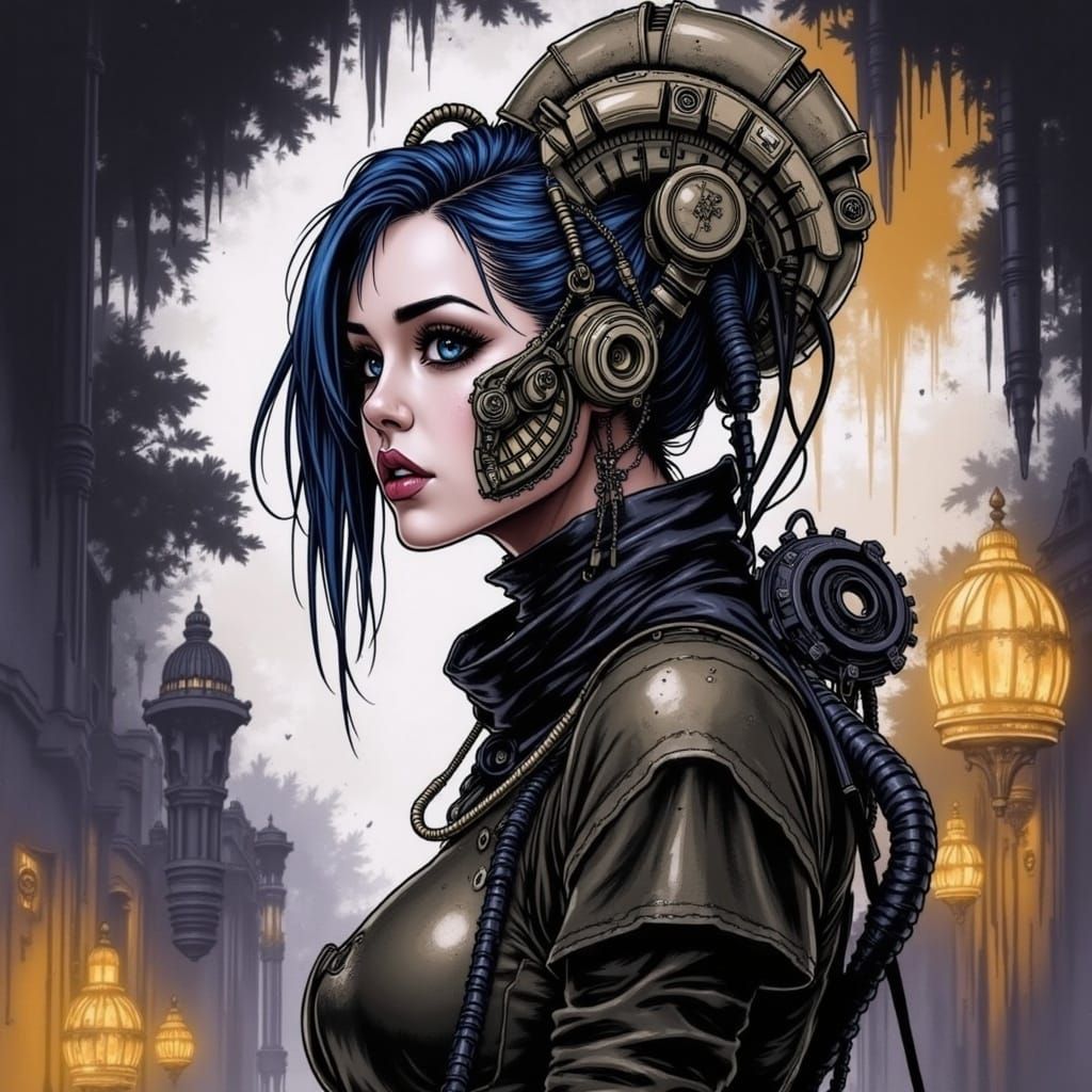 Biomechanical Cyberpunk Girl in Victorian Ballroom