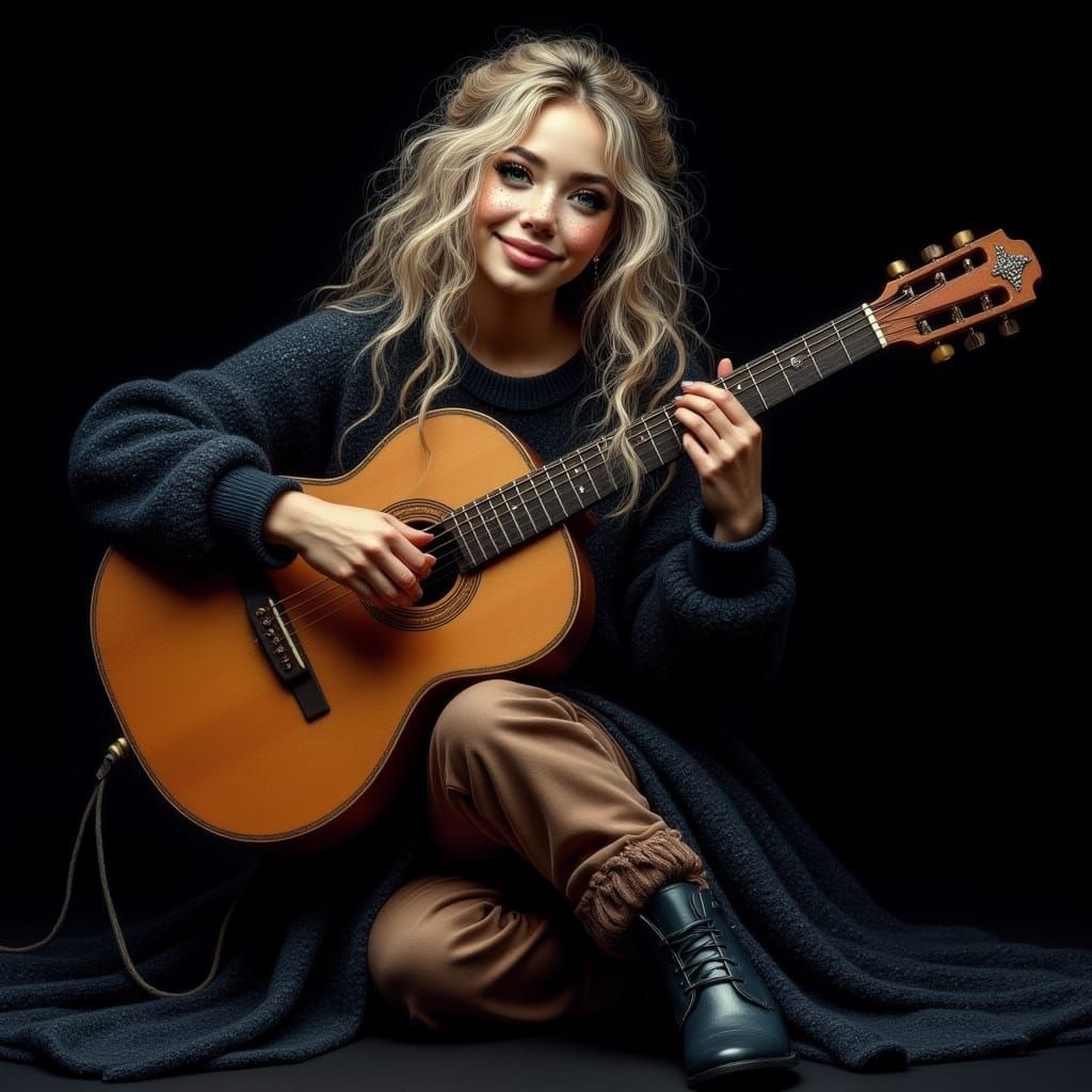 Woman Playing Guitar in Dark Blue Sweater, Digital Painting