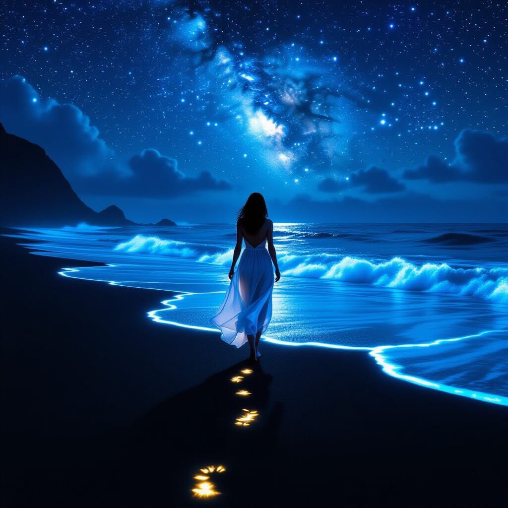 Bioluminescent Beach at Night: Cyberpunk Baroque Style