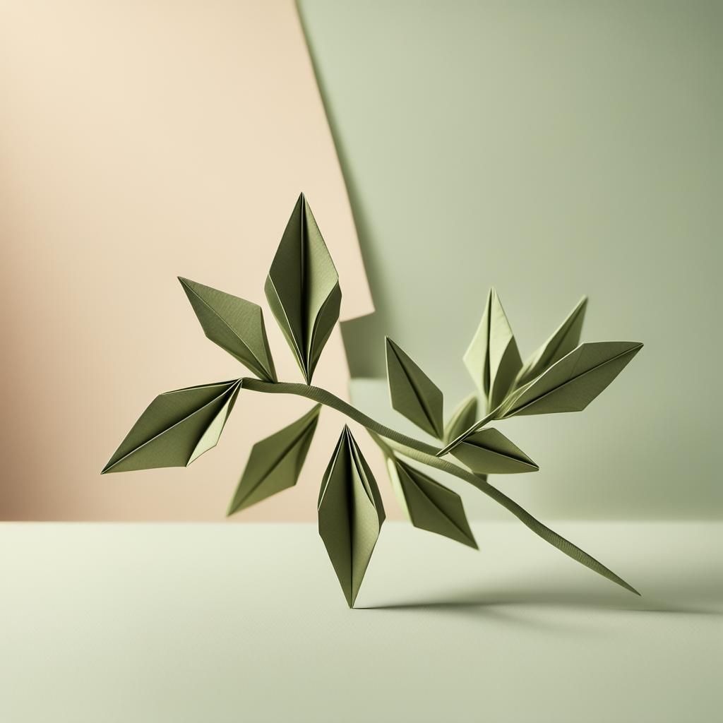 Delicate Origami Olive Branch Sculpture in Digital Art