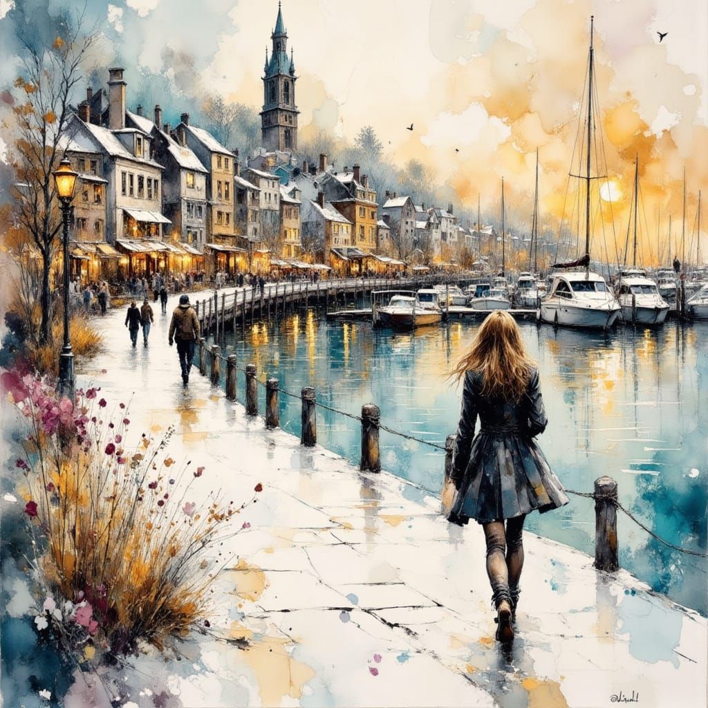Woman Walking on Marina Boardwalk in Winter Cityscape