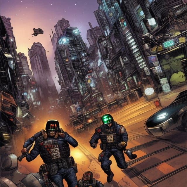 Judge Dredd Chasing Criminal: Comic Book Art