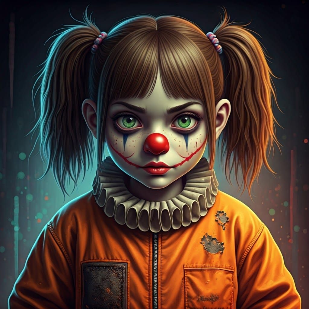 Gruesome Clown with Pigtails in Visionary Art Style