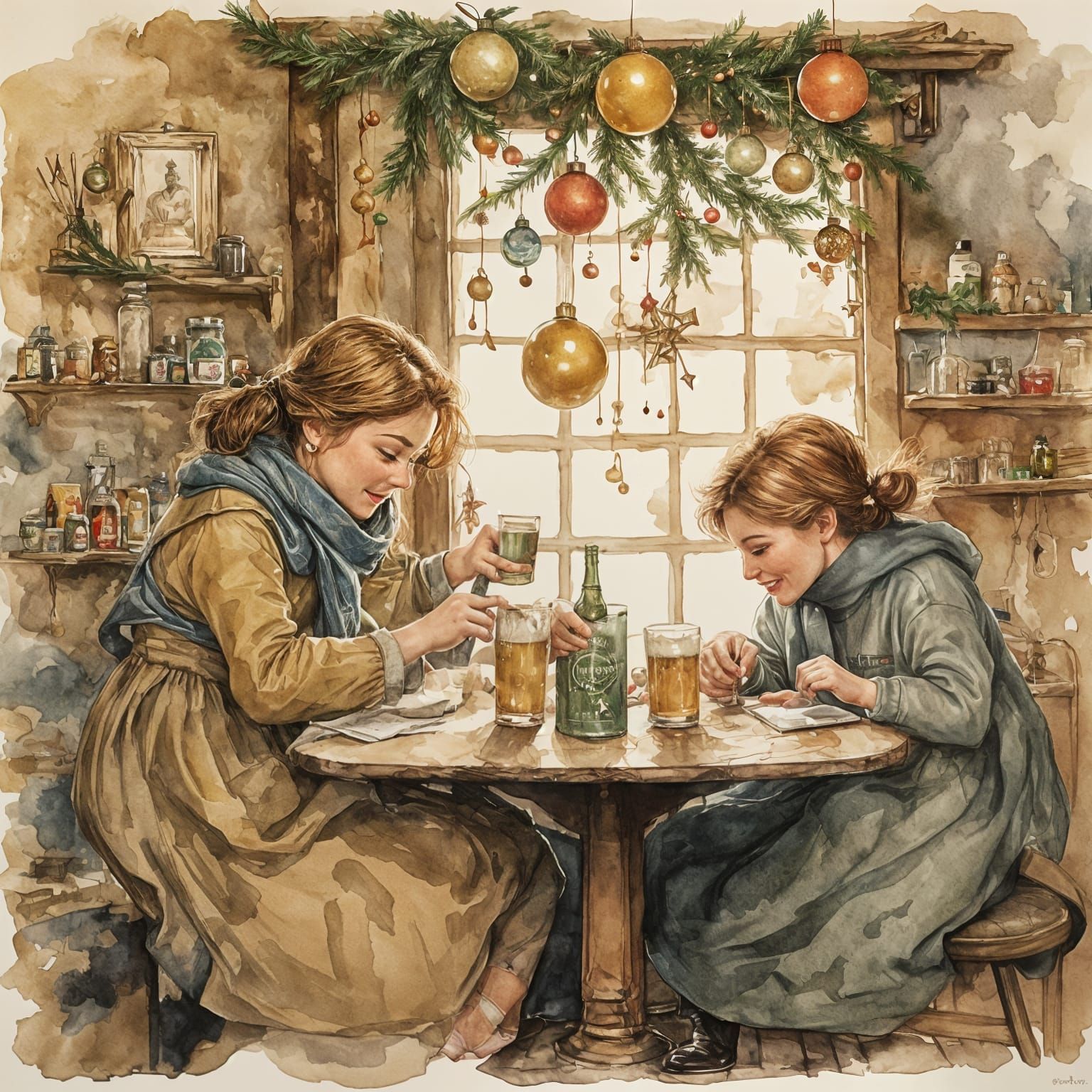 Women Colleagues Celebrate Christmas with Beer and Decoratio...