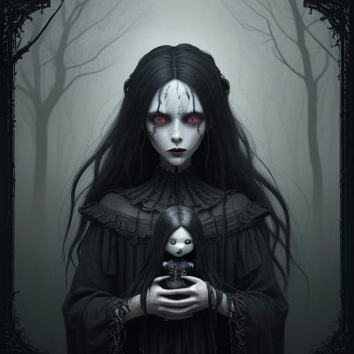 Disturbing Porcelain Doll in Gothic Horror Style