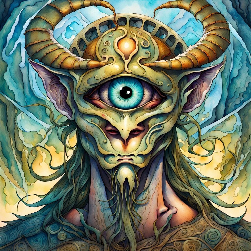 Mythological Cyclops Demon in Art Nouveau Watercolor