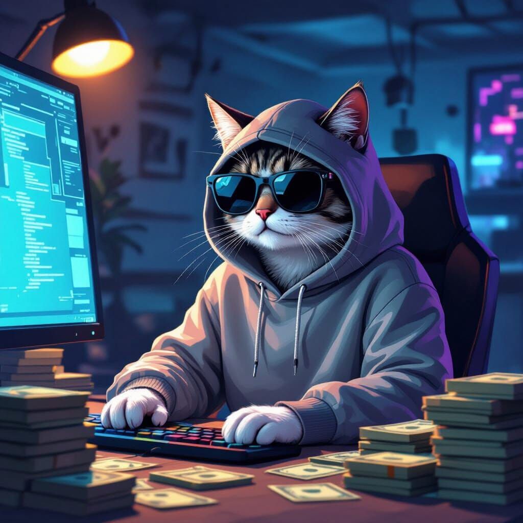 Cool Cat in Hoodie at Computer with Piles of Cash