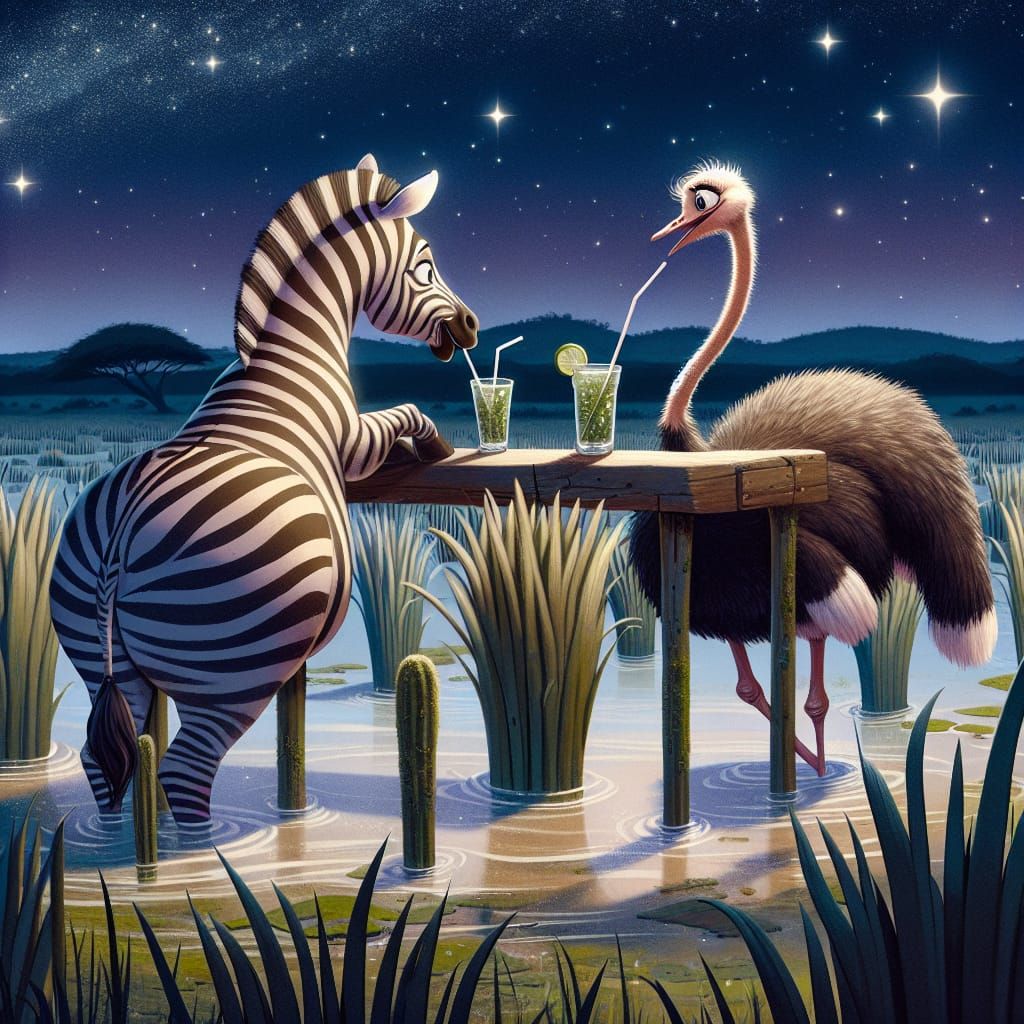 Zebra and Ostrich Date Under the Stars