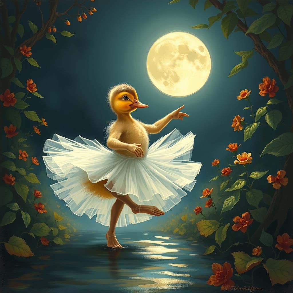 Duckling Ballerina Dances in Moonlit Dreamscape