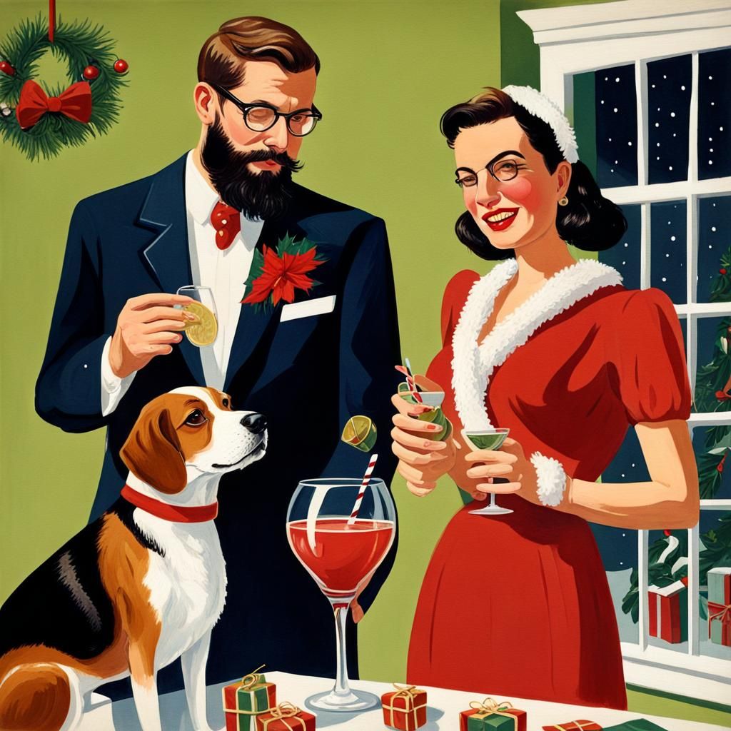 1940s Christmas Cocktail Hour Gouache Painting