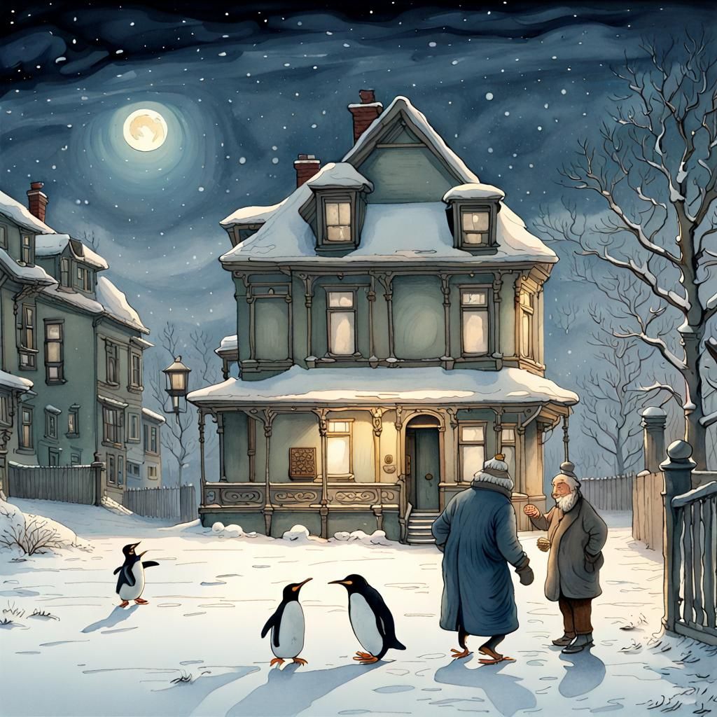 Old Man and Penguin Football Game Watercolor