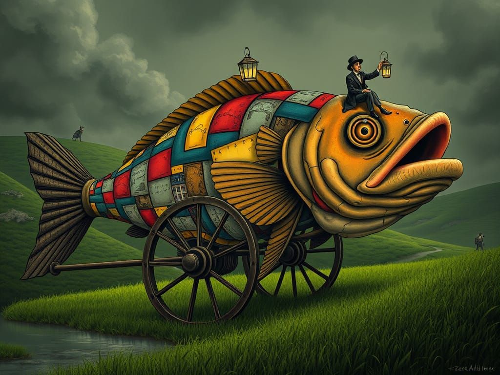 Surreal Anthropomorphic Fish Figure on Wheels in Dürer Style